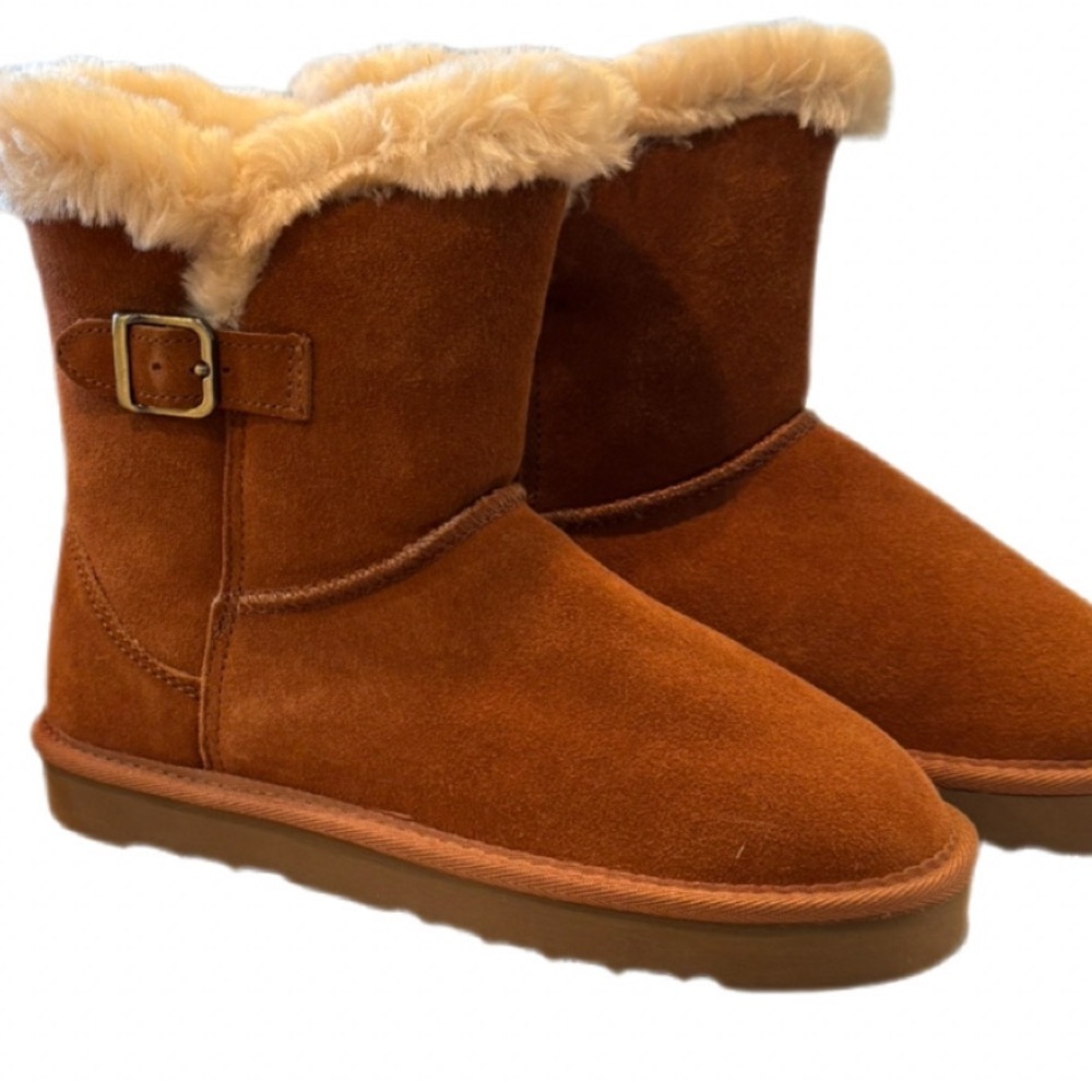 Style & Co Tiny2 Chestnut Leather Mid Calf FauxFur Snow Winter Boots Women Sz 6